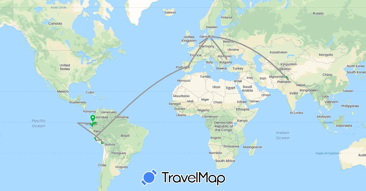 TravelMap itinerary: driving, bus, plane in Denmark, Ecuador, Spain, Netherlands, Peru, Pakistan, Romania (Asia, Europe, South America)
